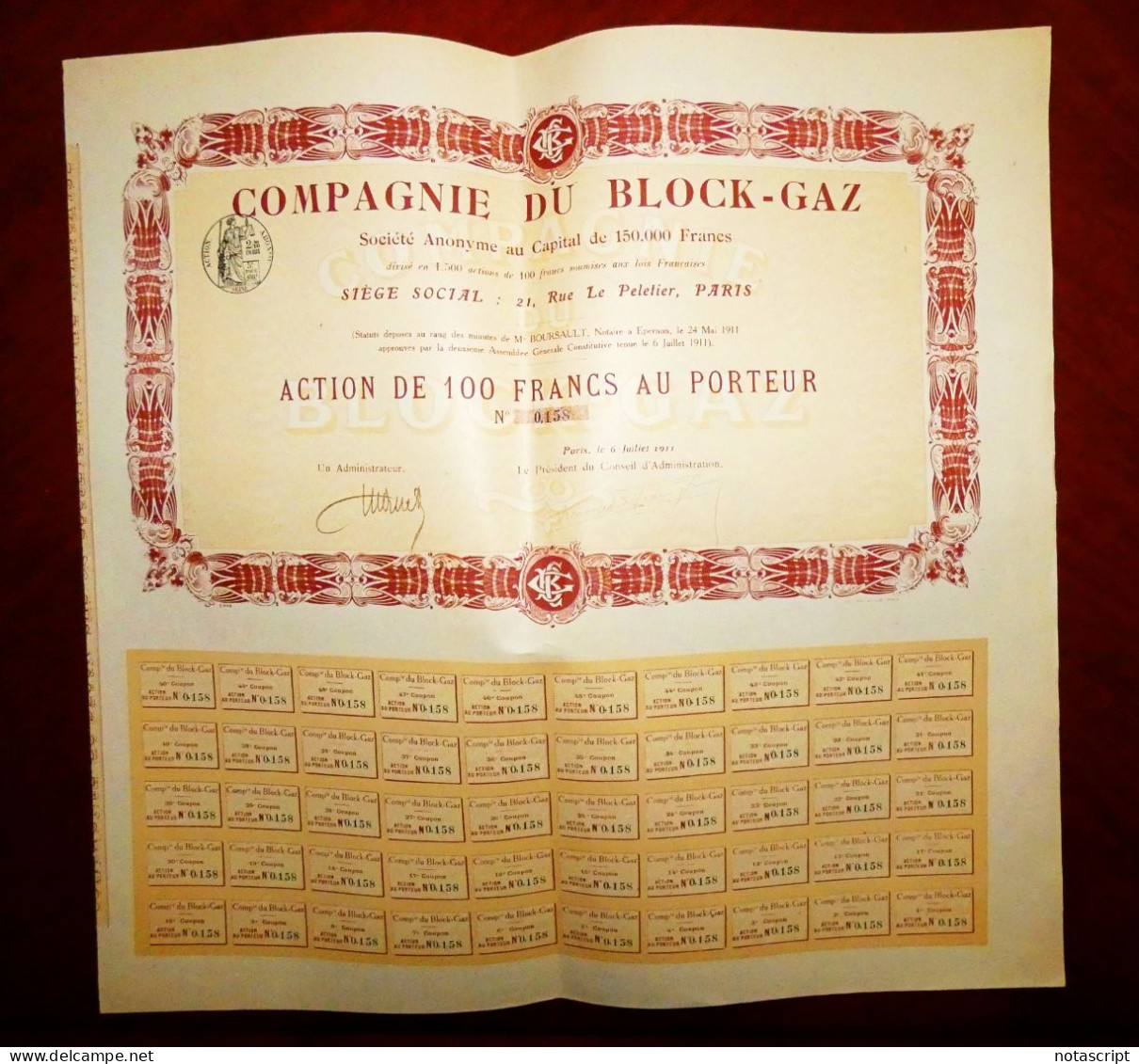 Compagnie Du Block -Gaz Paris 1911 ,Share Certificate - Electricity & Gas