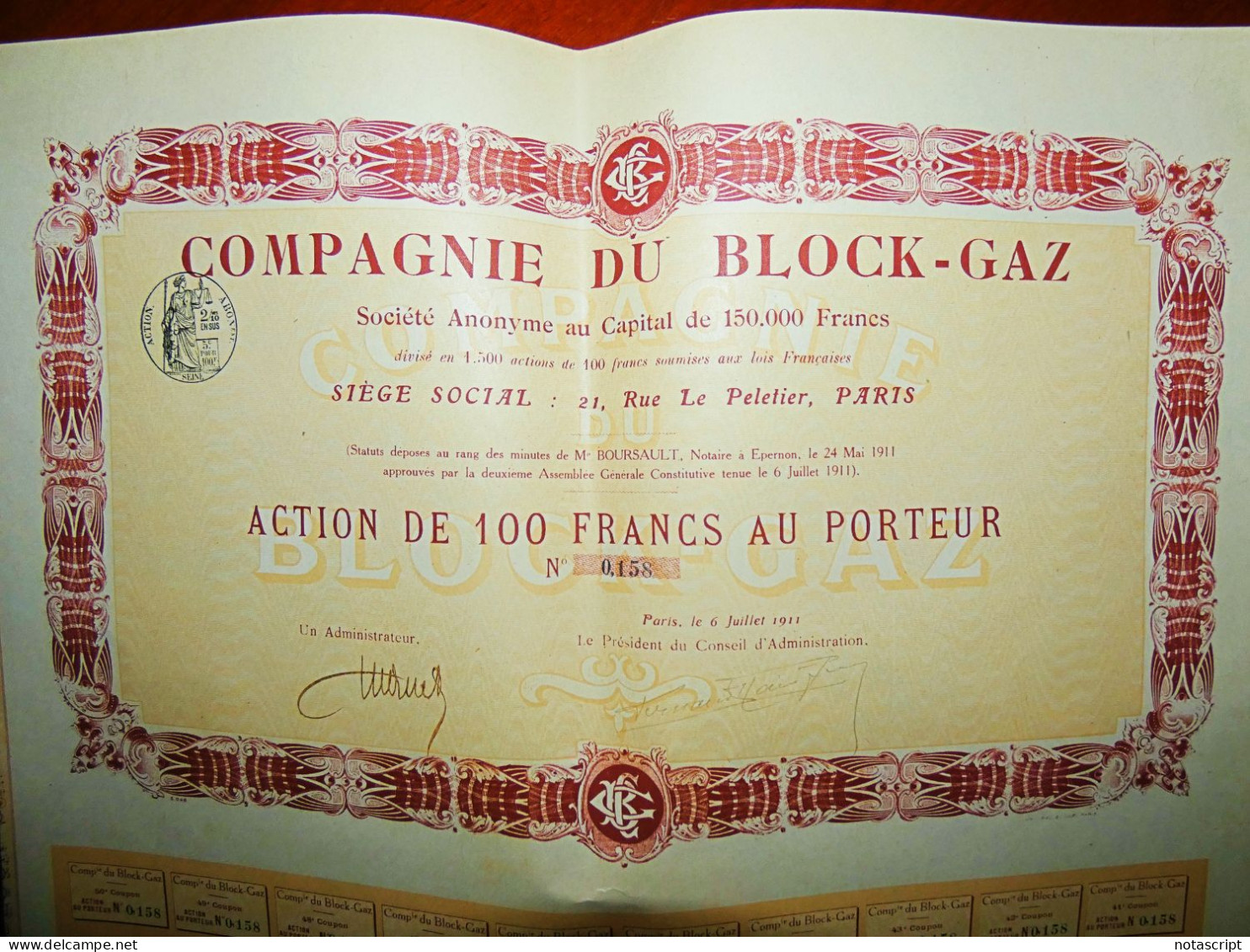 Compagnie Du Block -Gaz Paris 1911 ,Share Certificate - Elektrizität & Gas