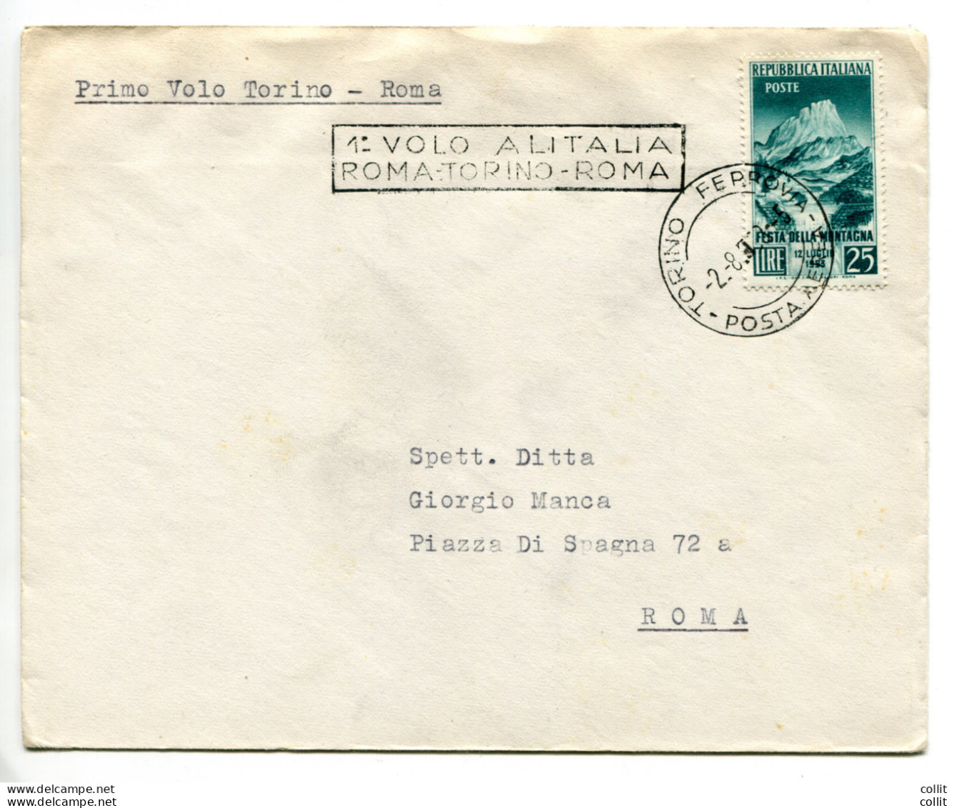 Primo Volo Alitalia Torino Roma Del 2.8.53 - Airmail