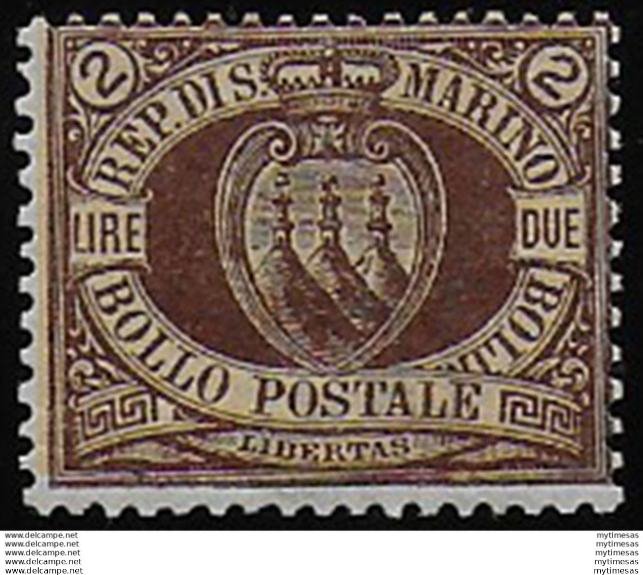 1894 San Marino Stemma Lire 2 Bruno/arancio MNH Sassone N. 21 - Autres & Non Classés