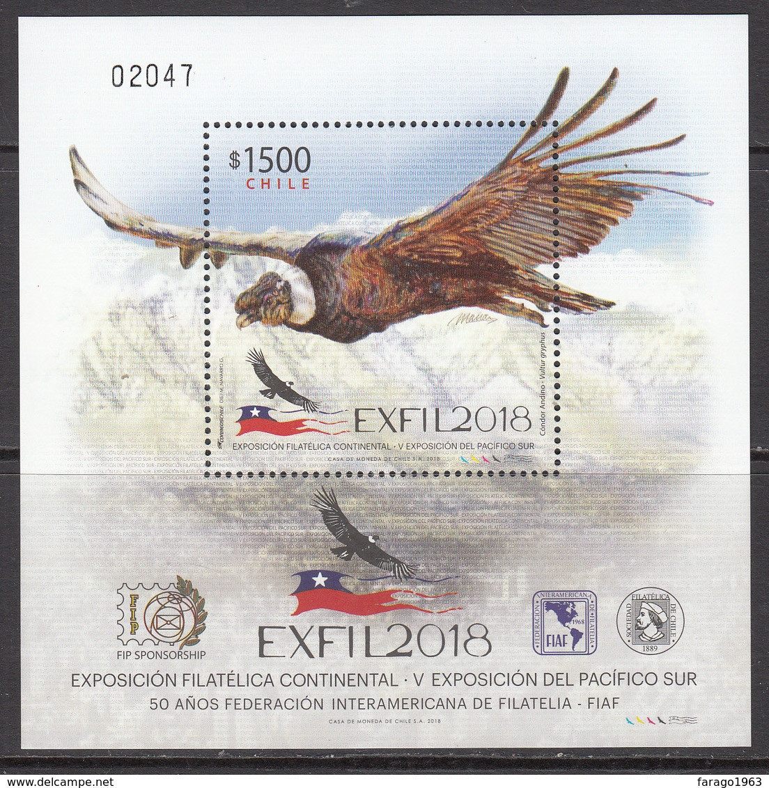 2018 Chile Condor Birds Of Prey Oiseaux EXFIL Souvenir Sheet MNH - Chile