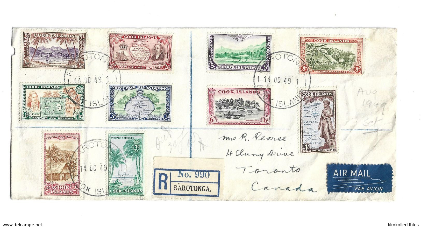 COOK ISLANDS NEW ZEALAND - 1949 FULL SET ON COVER FDC - REAL CIRCULATION TO CANADA - Cookeilanden