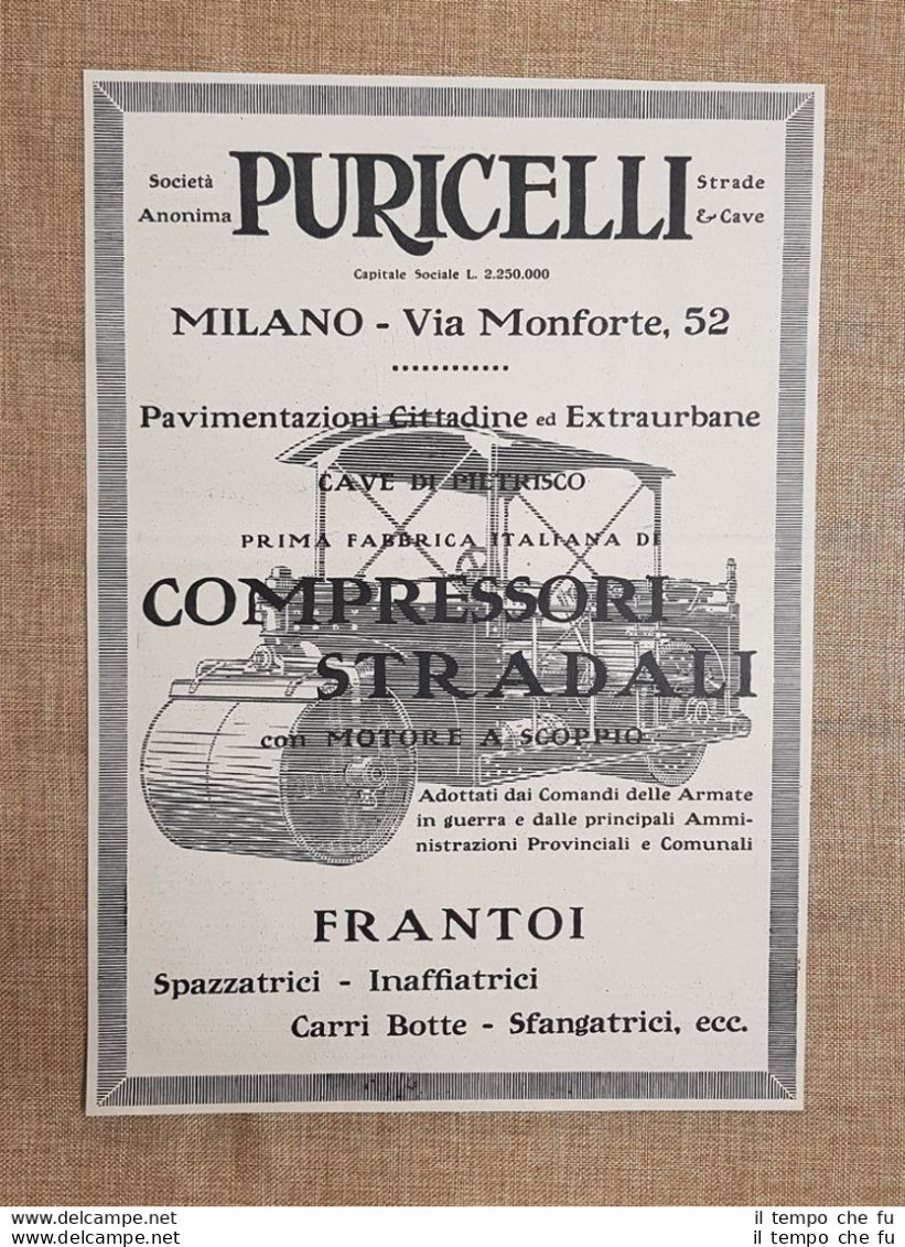 Società Anonima Puricelli Milano Compressori Stradali Pubblicità Del 1918 - Autres & Non Classés