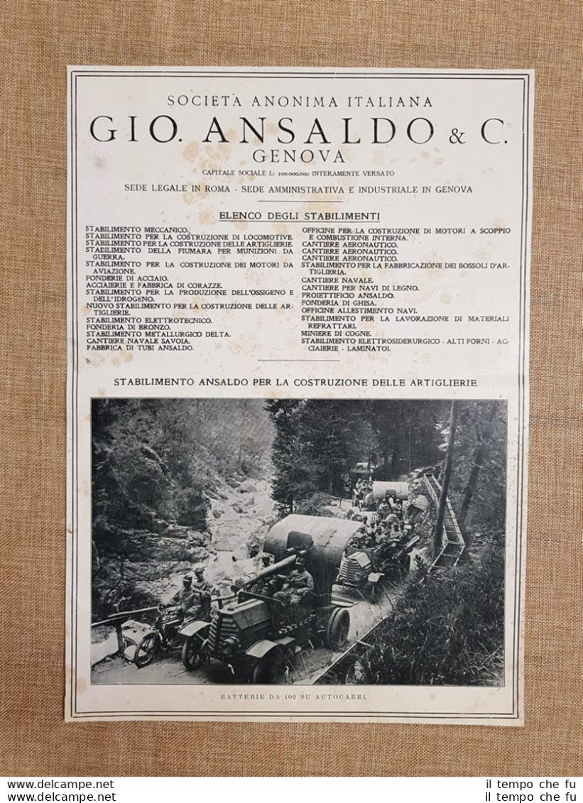 Gio. Ansaldo Genova Batterie Da 102 E Pensoli Legnano Tornio Pubblicità Del 1918 - Autres & Non Classés