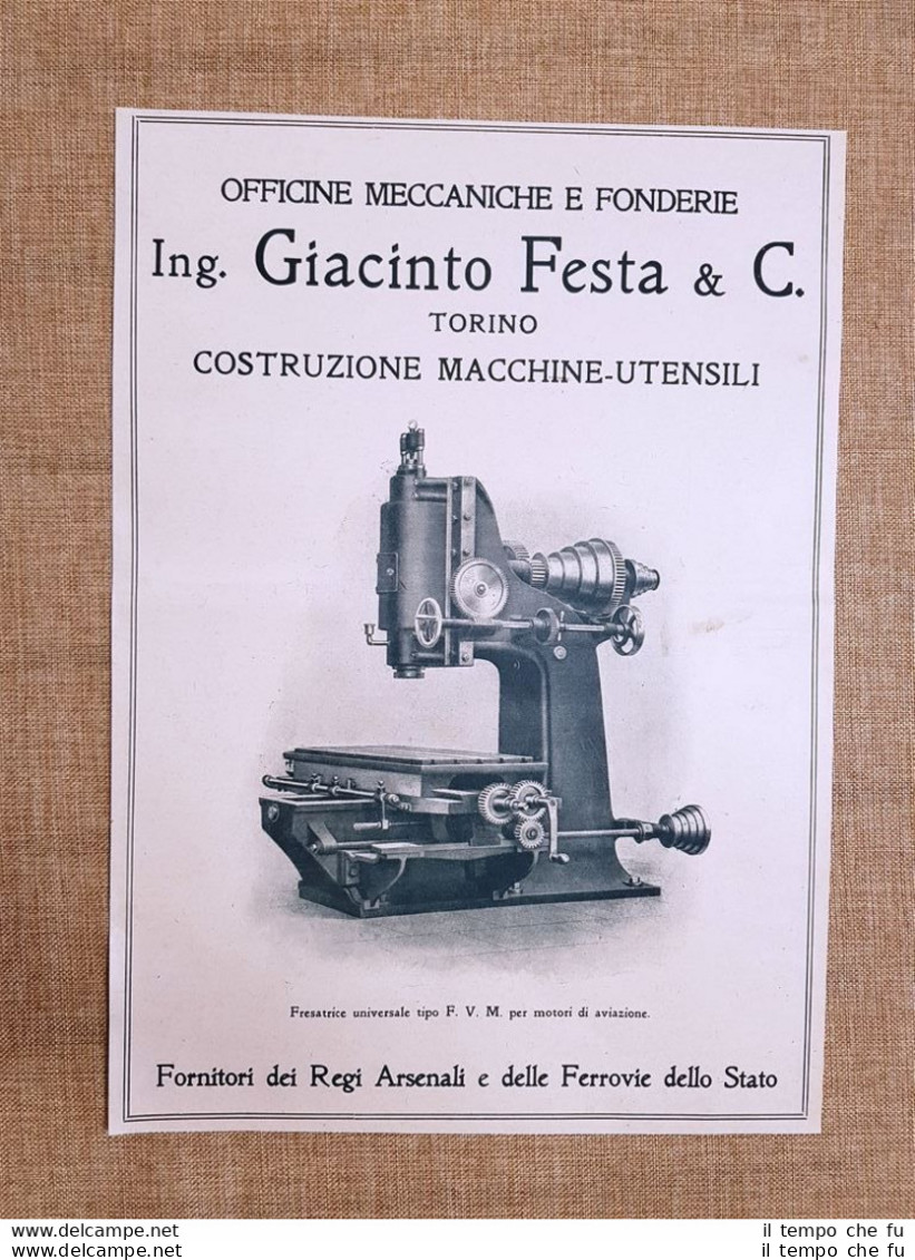 Officine Meccaniche Giacinto Festa Torino Fresatrice Aviazione Pubblicità 1918 - Autres & Non Classés