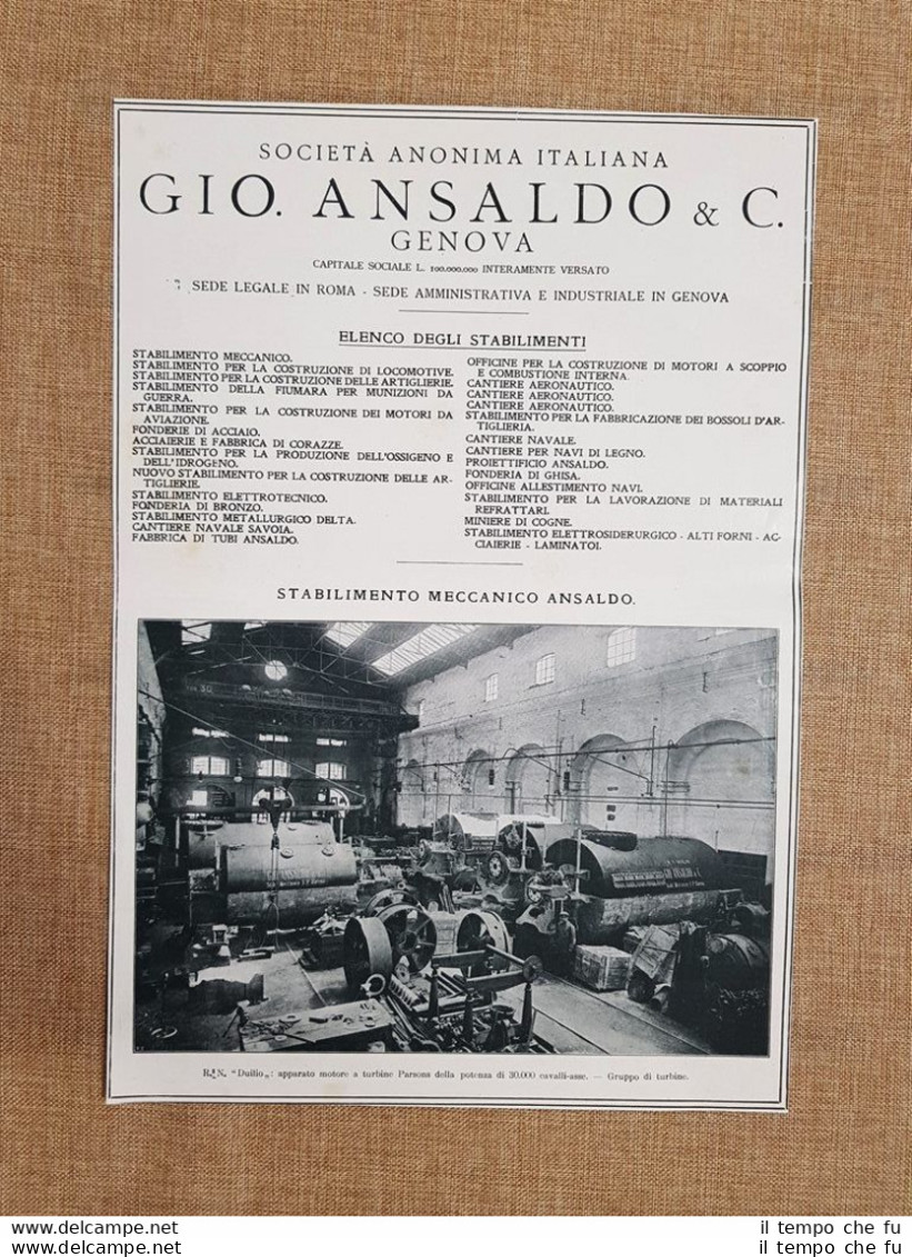 Società Anonima Italiana Gio. Ansaldo Genova Turbine Duilio Pubblicità Del 1918 - Autres & Non Classés