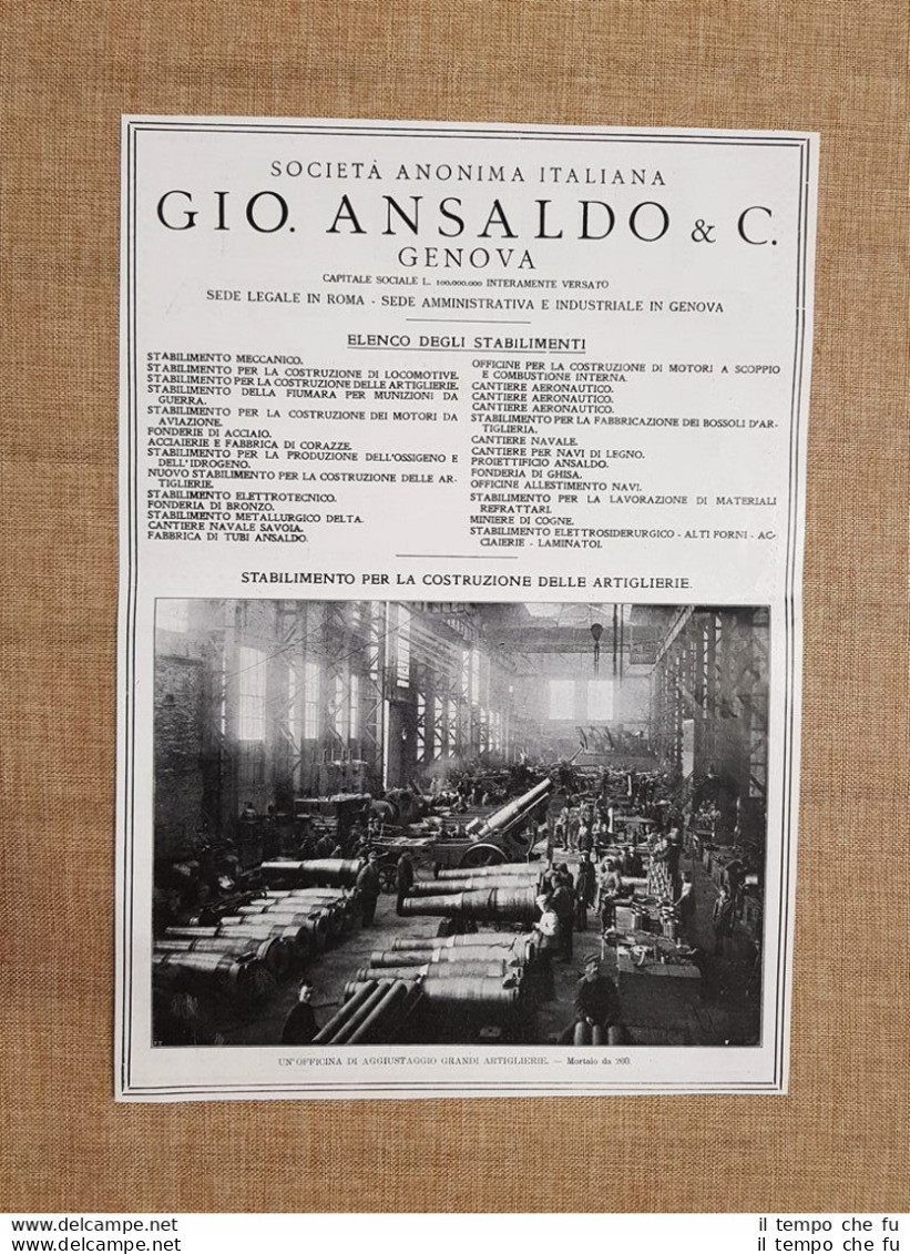 Società Anonima Italiana Gio. Ansaldo Genova Mortaio Da 260 Pubblicità Del 1918 - Autres & Non Classés