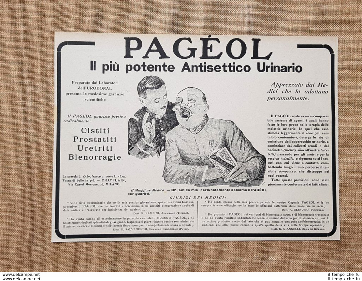 Pageol Antisettico Urinario Chatelalin Milano Pubblicità Del 1918 - Autres & Non Classés