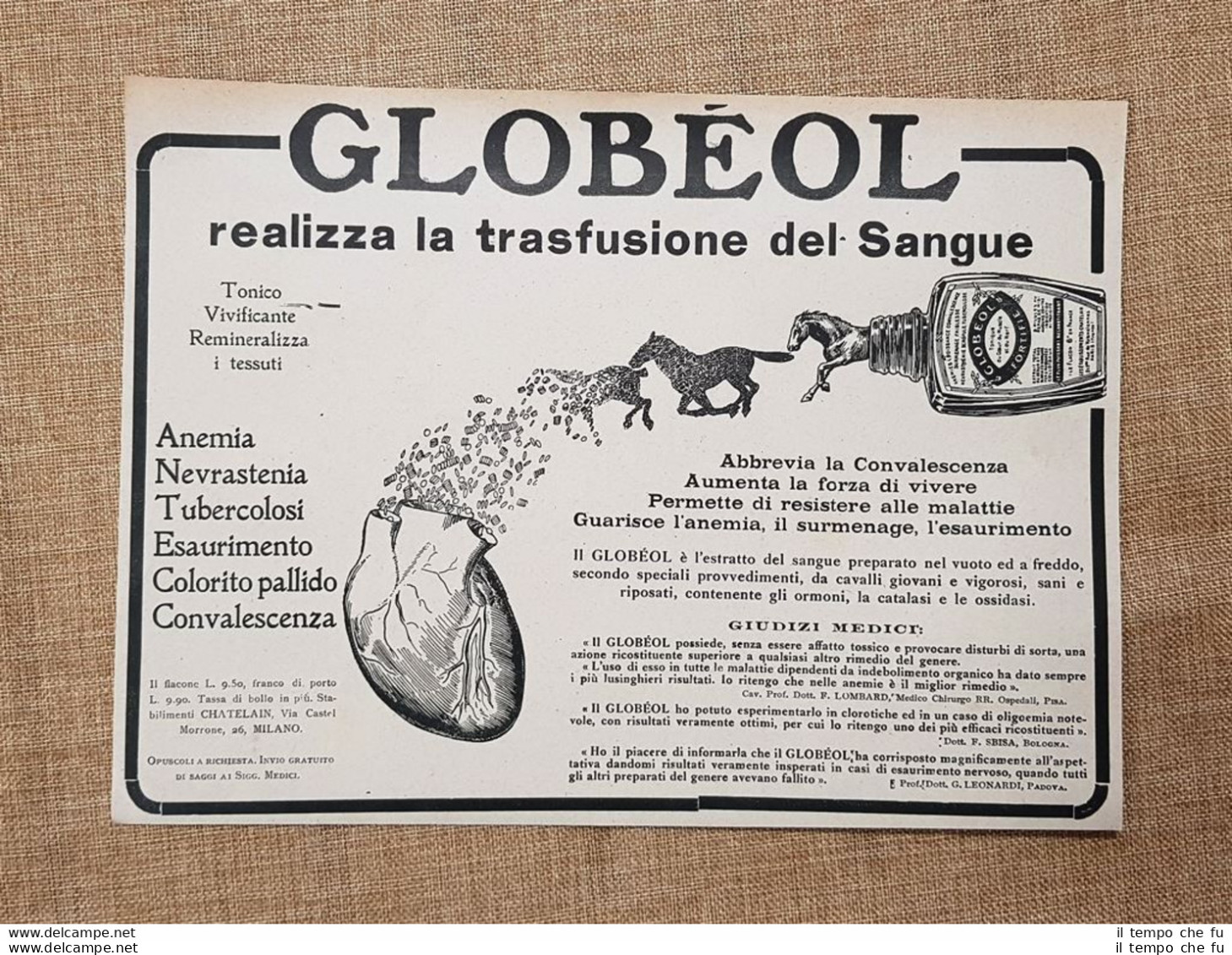 Tonico Vivificante Globeol Chatelain Milano Pubblicità Del 1918 - Autres & Non Classés