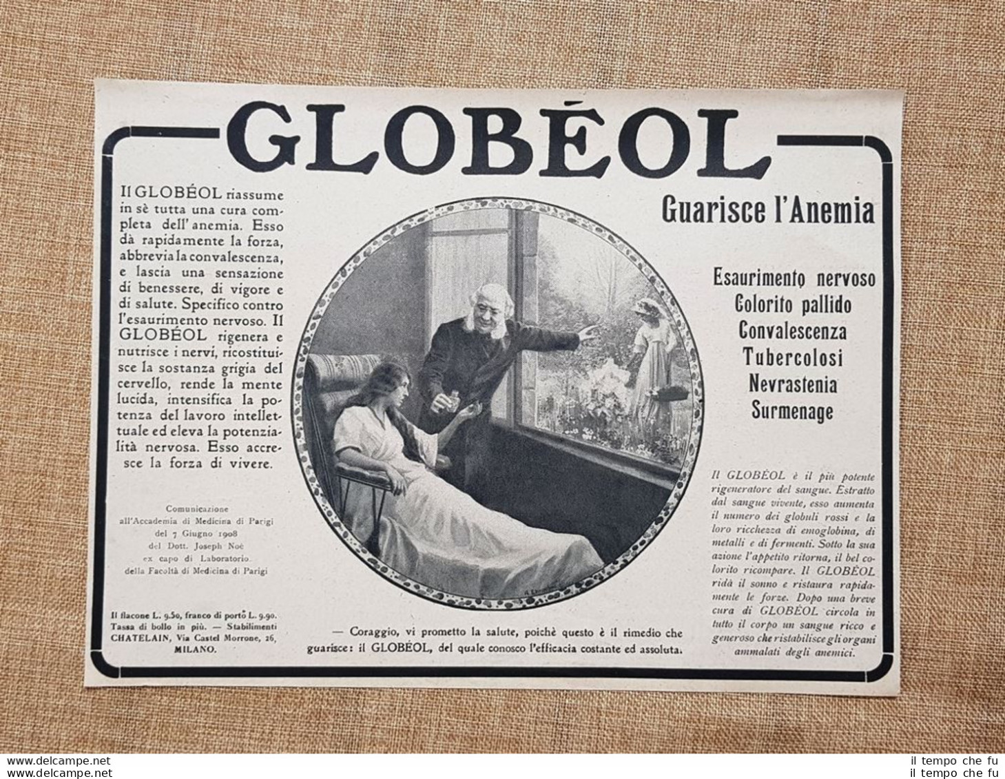 Tonico Contro L'anemia Globeol Chatelain Milano Pubblicità Del 1918 - Autres & Non Classés