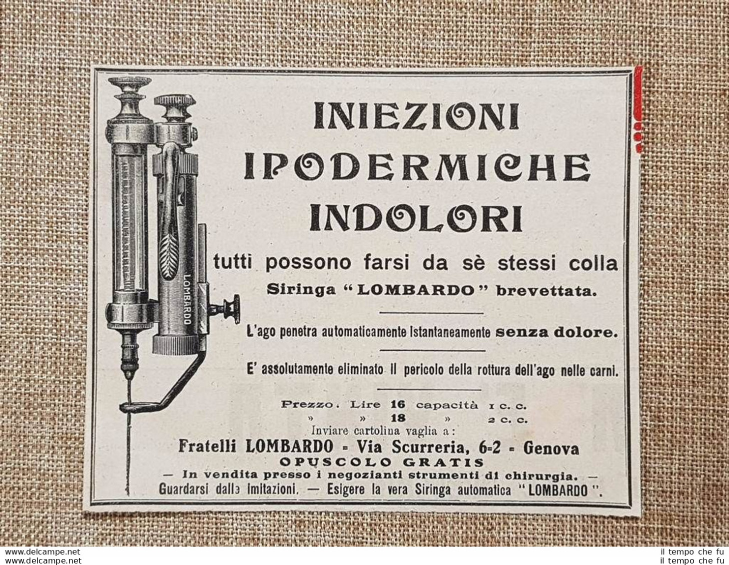 Pubblicità Del 1914 Iniezioni Ipodermiche Indolori Siringa Lombardo Genova - Altri & Non Classificati