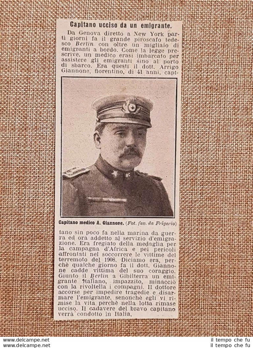 Capitano Medico Arrigo Giannone Ucciso A Gibilterra Nel 1914 Emigrante Italiano - Altri & Non Classificati