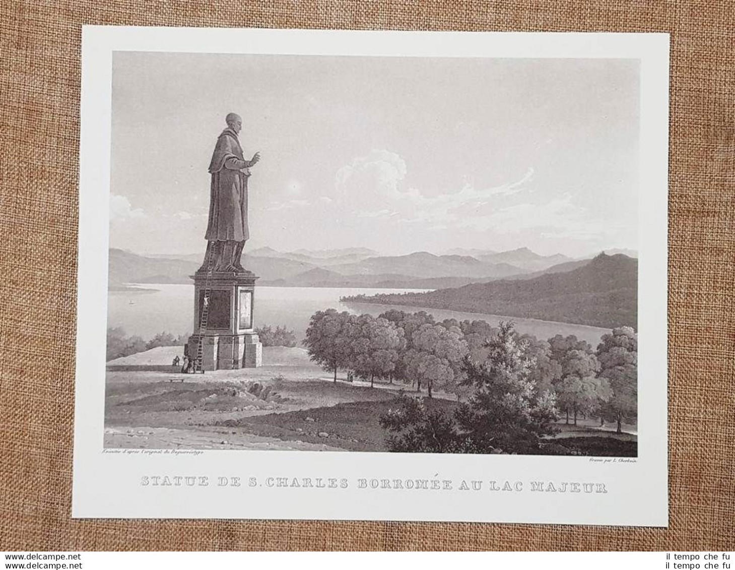 Statua San Carlo Borromeo Sul Lago Maggiore Incisione Di Cherbuin 1840 Ristampa - Autres & Non Classés