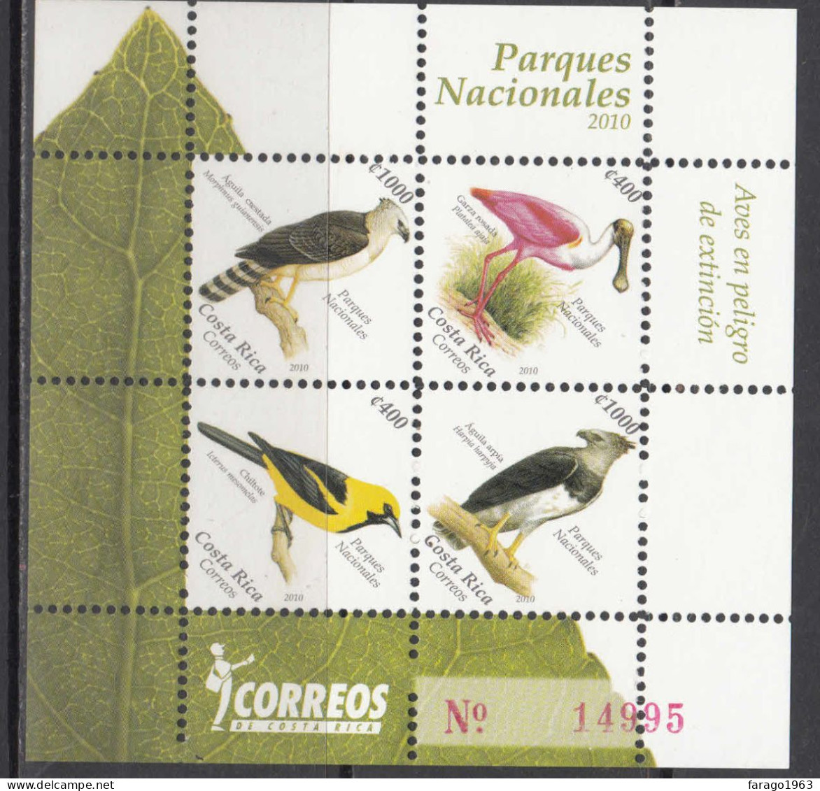 2010 Costa Rica National Parks Birds Aves Oiseaux Miniature Sheet Of 4 MNH - Costa Rica