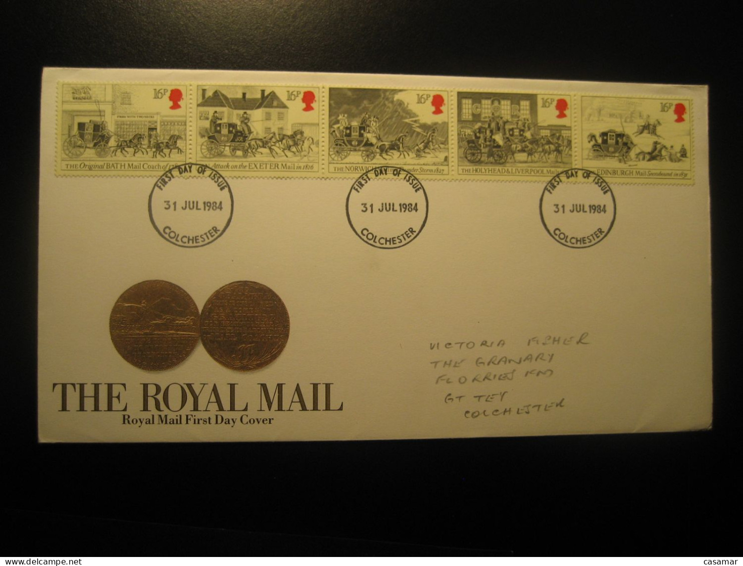 COLCHESTER 1984 Royal Mail Coach Stage Coach Stagecoach FDC Cacnel Cover ENGLAND - Kutschen