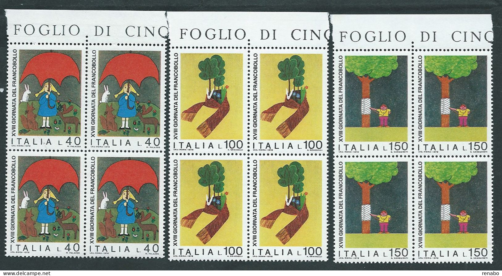 Italia 1976; Giornata Del Francobollo: Serie Completa In Quartine Di Bordo Superiore. - 1971-80: Neufs