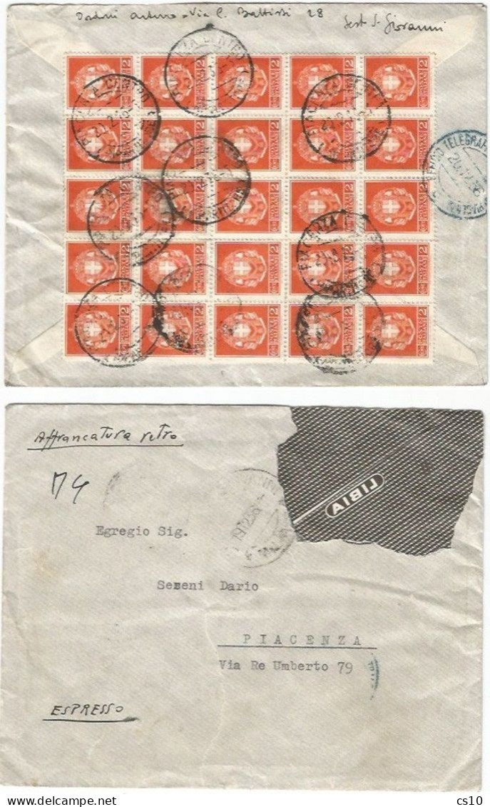 Imperiale Spettacolare Blocco Di 25 Pezzi C.2 Arancio Su Espresso Incompleto Sesto S.Giovanni 19dic1936 X Piacenza - Express Mail