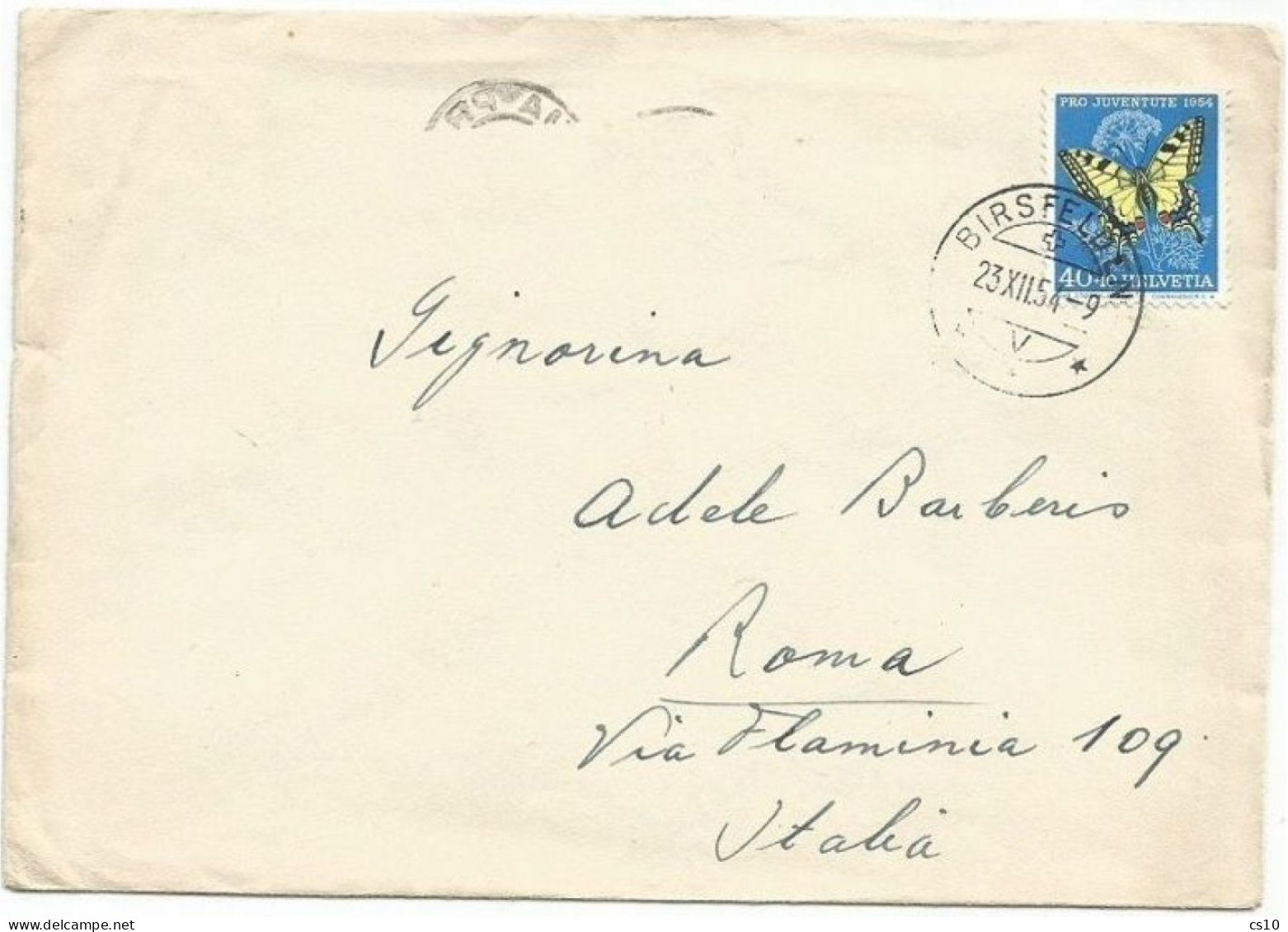 Suisse Pro Juventute 1954 Butterfly C.40+10 Solo Franking CV Birsfelden 23dec1954 To Italy - Lettres & Documents