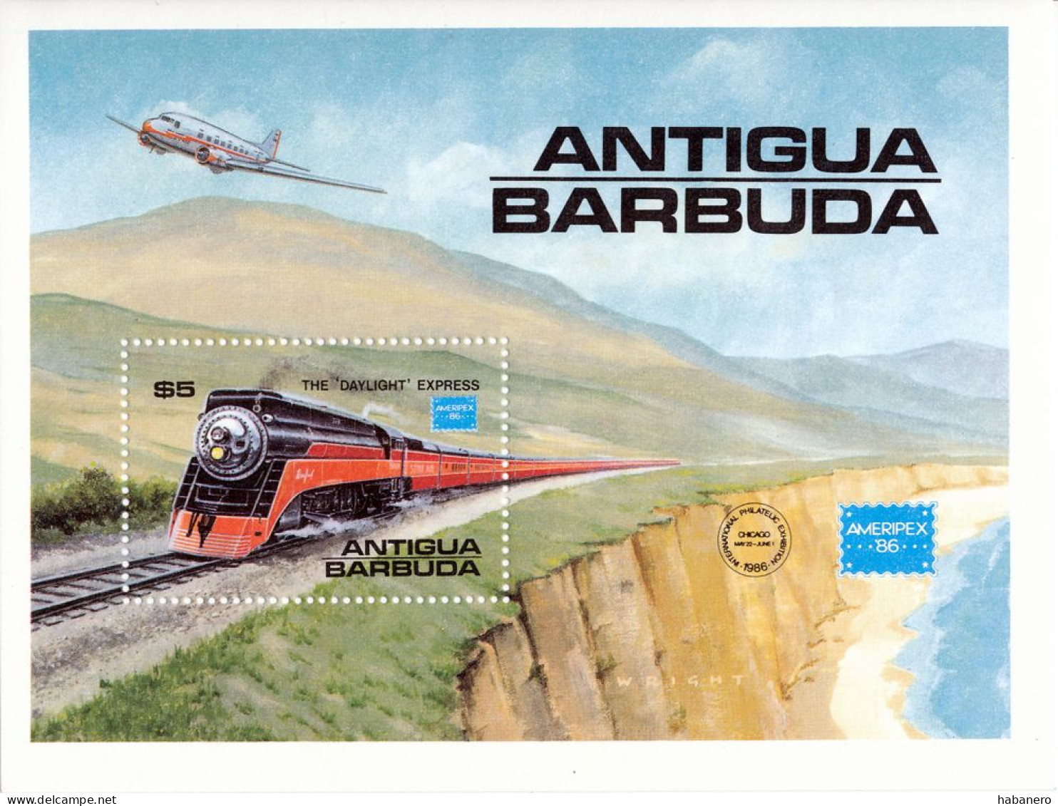 ANTIGUA & BARBUDA 1986 Mi BL 110 AIRPLANE & TRAIN DAYLIGHT EXPRESS AMERIPEX '86 MINT MINIATURE SHEET ** - Trains