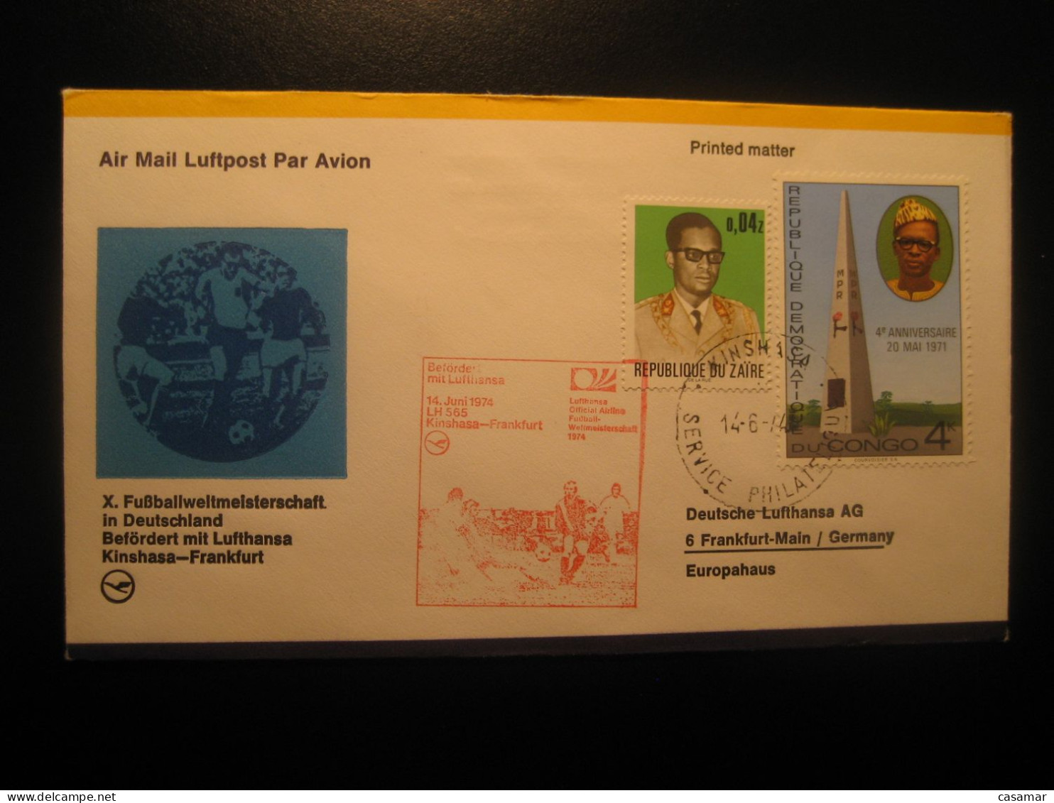 KINSHASA Frankfurt 1974 Lufthansa Airline Football World Cup First Flight Cancel Cover ZAIRE CONGO GERMANY - Storia Postale