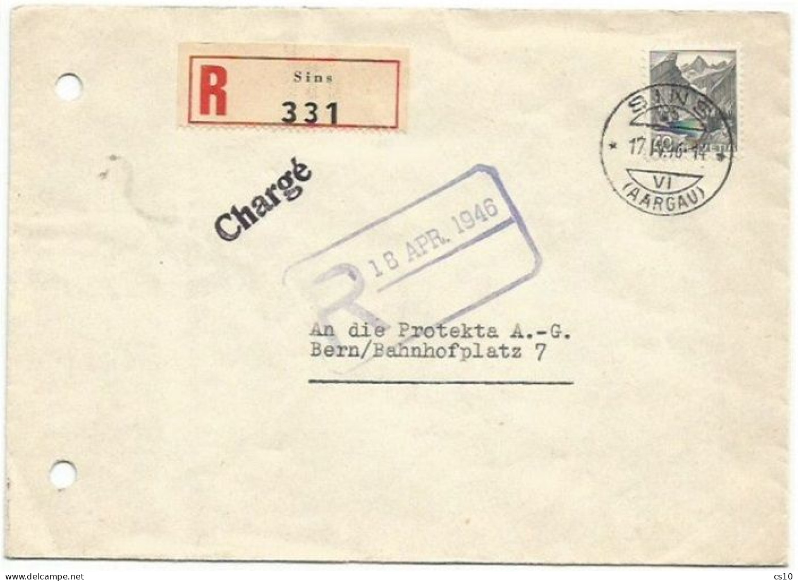 Suisse Registered Chargé CV Sins 17apr1946 To Bern With Landscapes C.40 Gray - Marcophilie