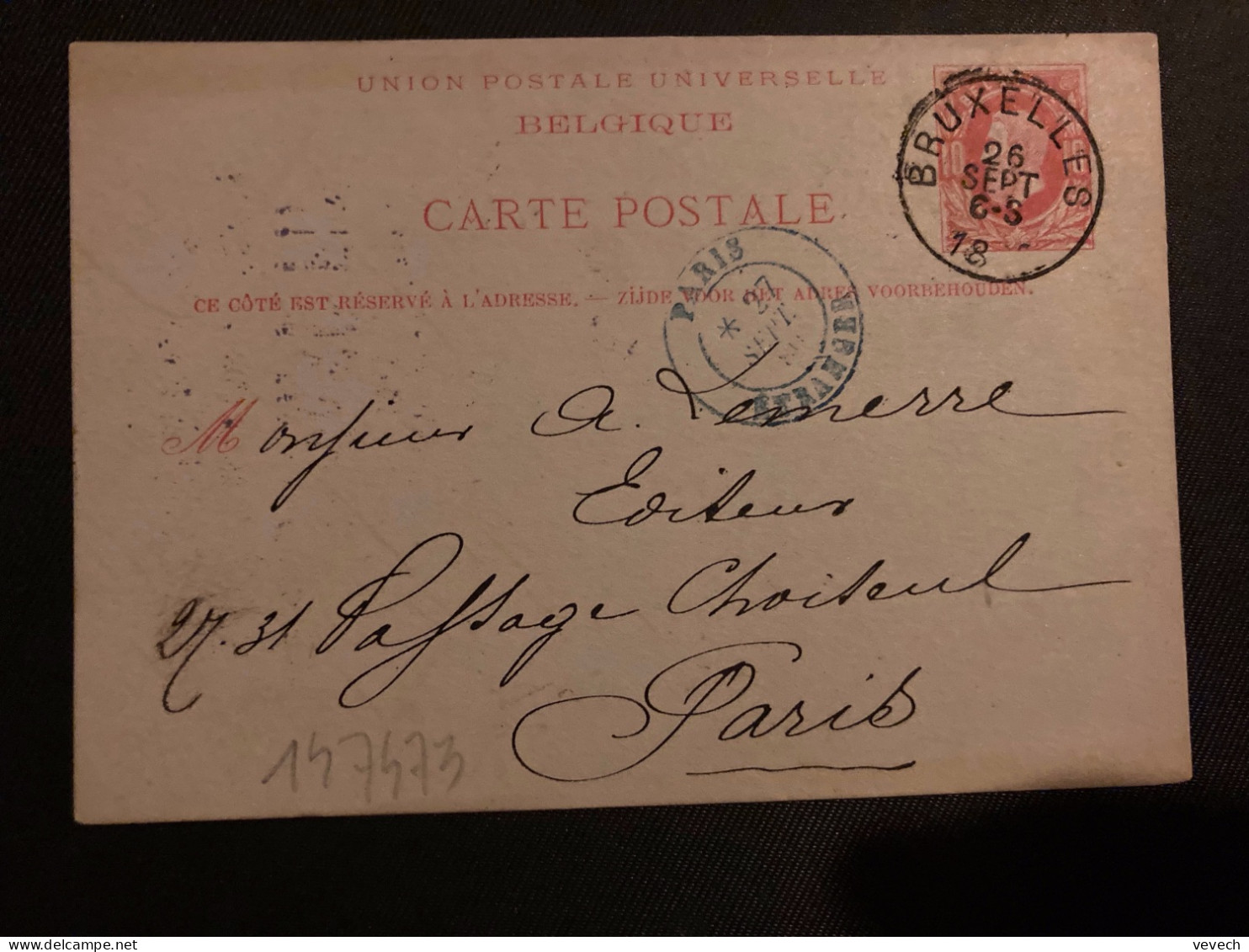 CP EP 10 OBL.26 SEPT 1889 BRUXELLES + LIBRAIRIE CENTRALE DE FERDINAND FINK +OBL. BLEUE PARIS ETRANGER - 1884-1891 Leopoldo II