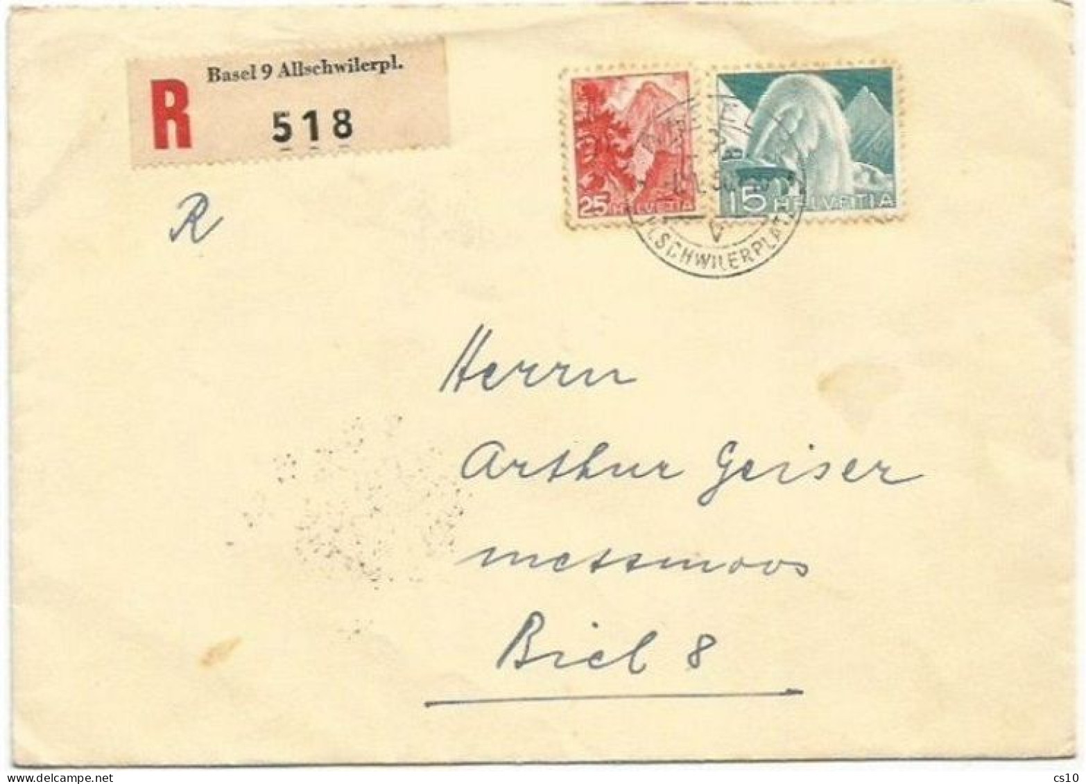 Suisse Basel 2may1950 Registered CV To Biel With Landscapes C.25 + Technology C.15 - Marcophilie