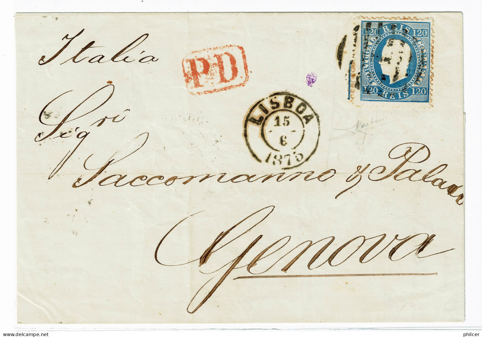 Portugal, 1875, # 44, Para Genova - Lettres & Documents