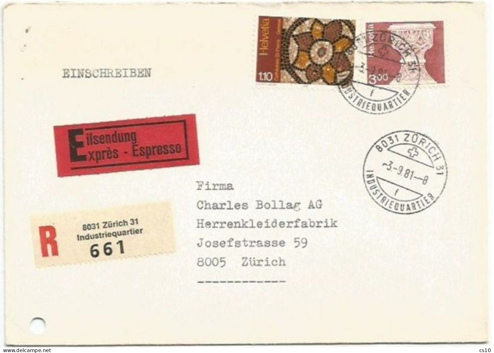 Suisse Zurich 3sep1981 Local Destination Express + Registered CV With 2 Stamps Rate 4.10FS - Marcophilie
