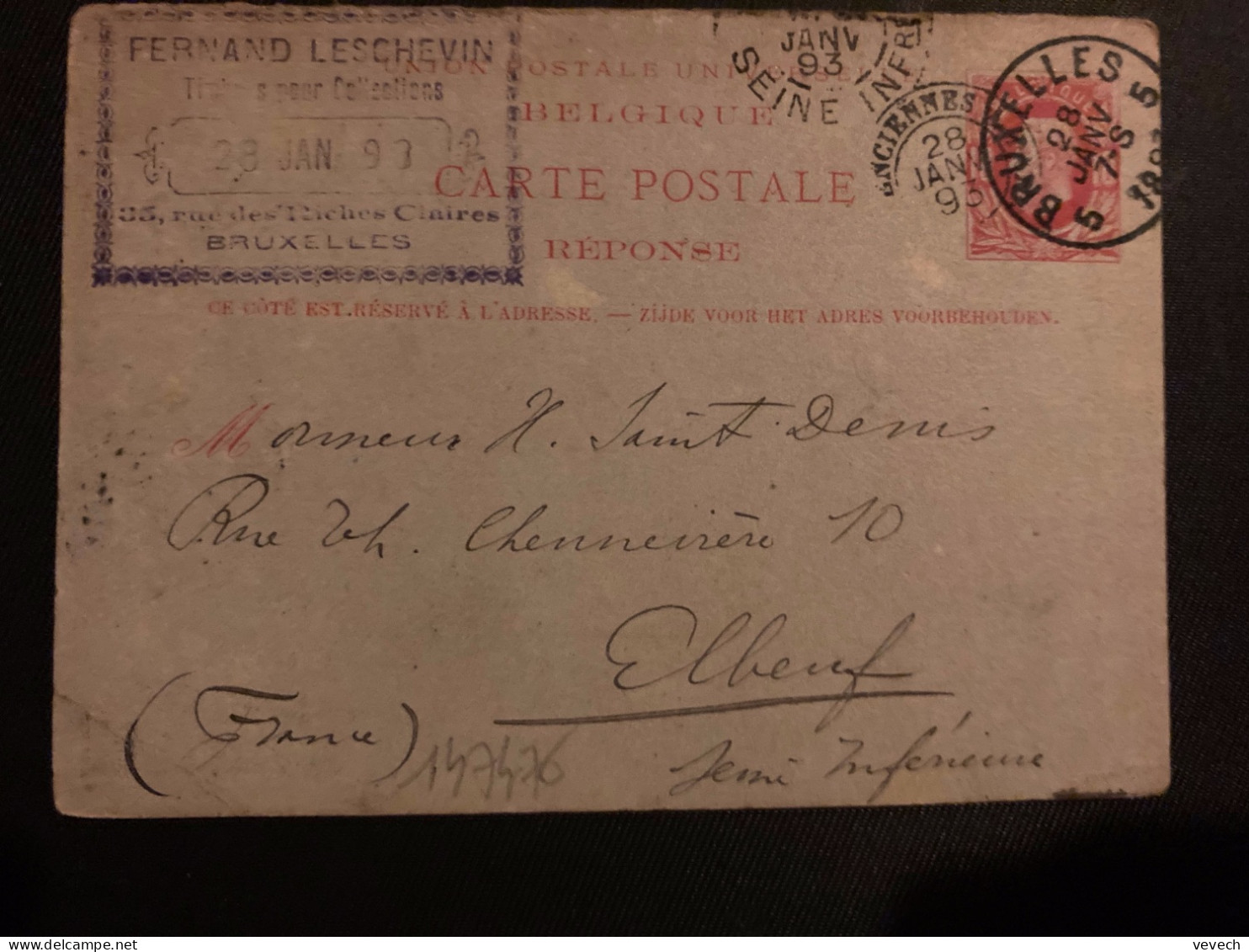 CP EP 10 OBL.28 JANV 1893 BRUXELLES FERNAND LESCHEVIN à Mr SAINT DENIS+OBL. ELBEUF (76) + Ambulant VALENCIENNES A PARIS - 1869-1883 Leopold II.