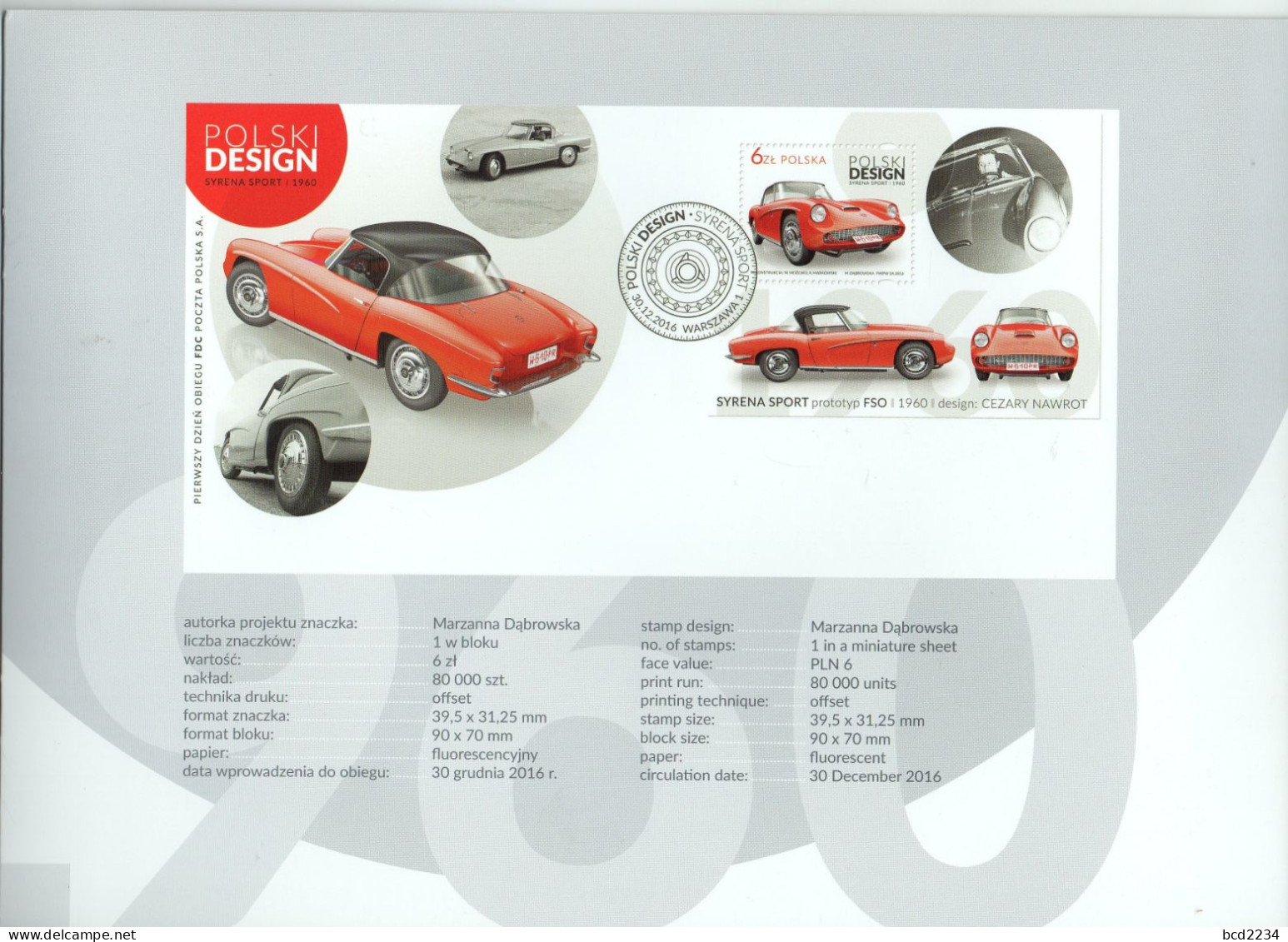 POLAND 2016 SPECIAL LIMITED EDITION PHILATELIC FOLDER: SYRENA SPORTS SPORT CAR 1960 POLISH DESIGN TRANSPORT VEHICLES MS - Blokken & Velletjes