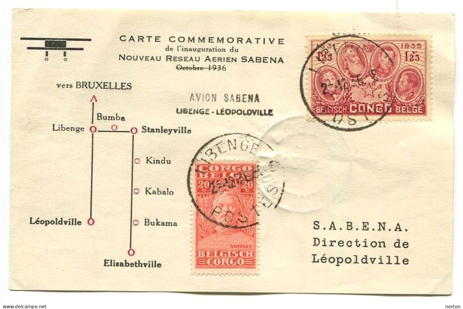 Congo Libenge Oblit. Keach 7C1 Sur C.O.B. 137 + 186 Sur Carte Com. De L'inauguration De La Ligne Aérienne  Le 12/09/1913 - Briefe U. Dokumente