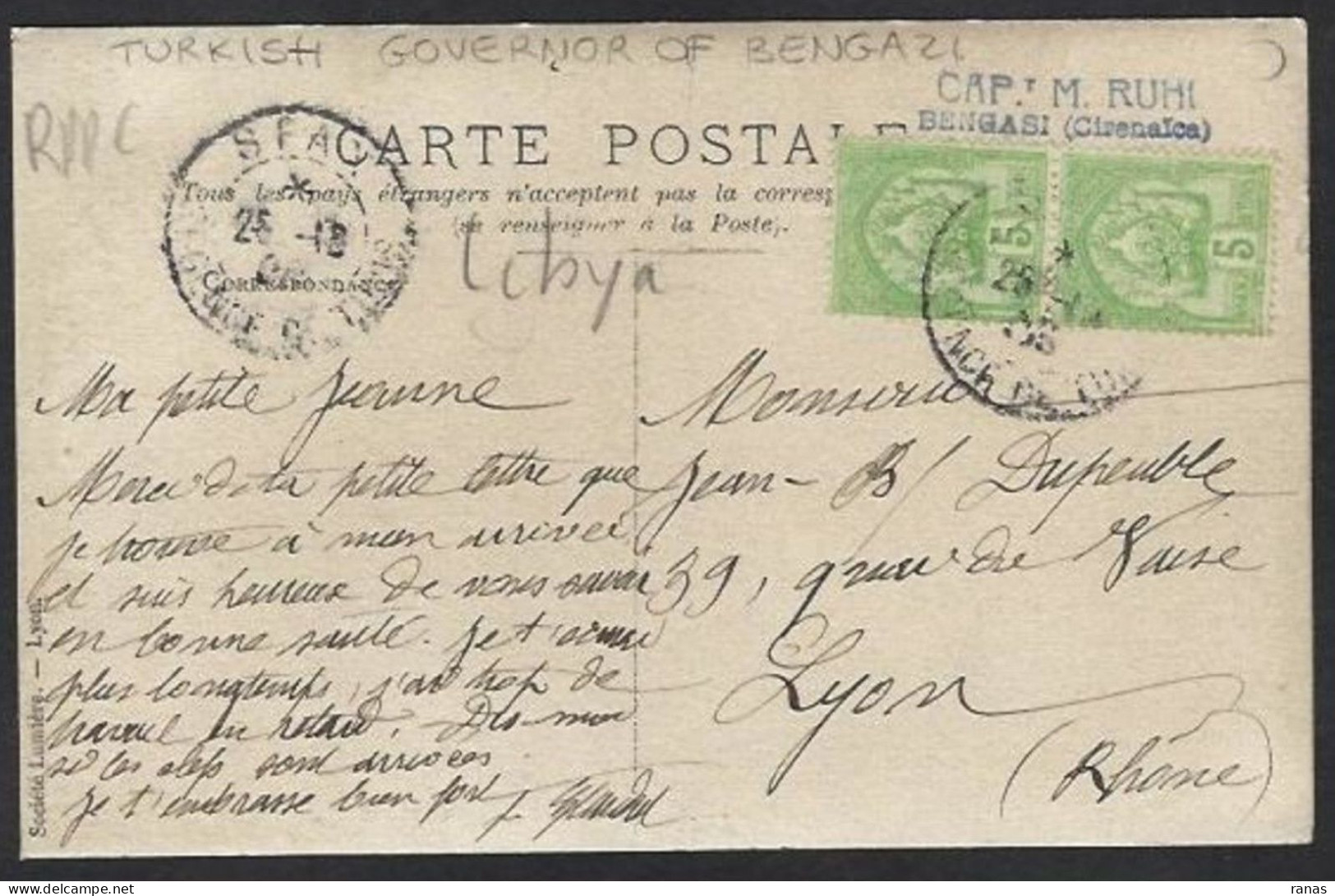 CPA Libye Libya Carte Photo RPPC Circulé Gouverneur De BENGAZI Turquie - Libya