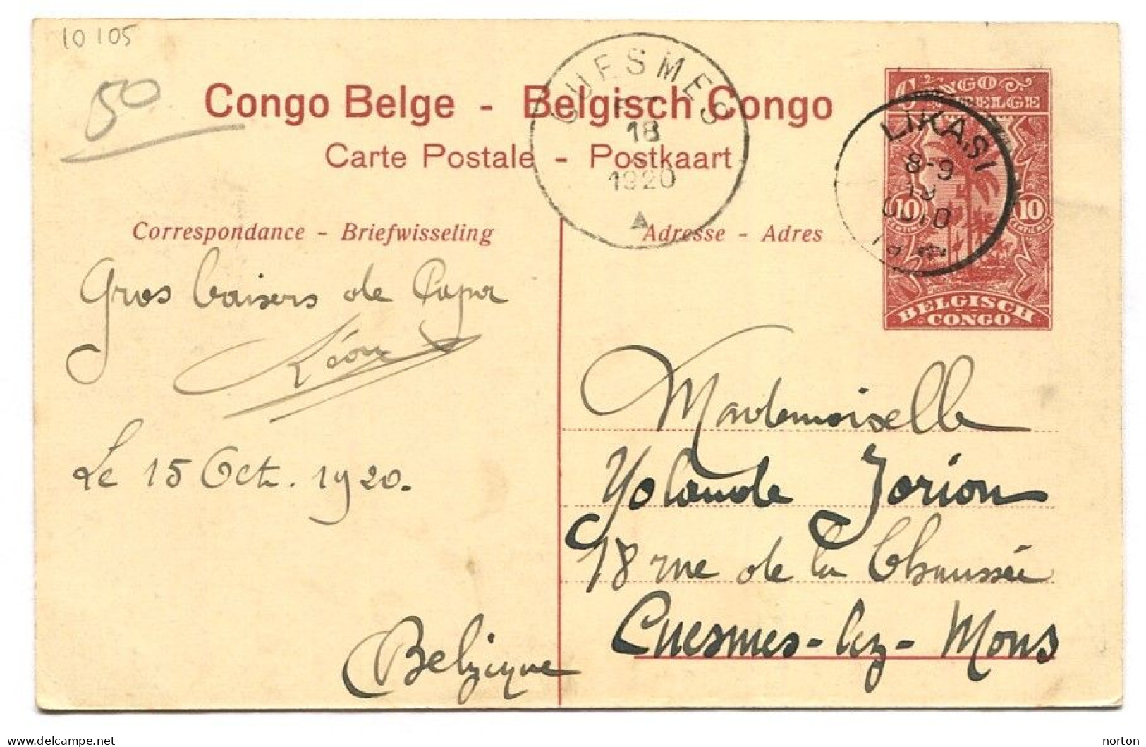 Congo Likasi Oblit. Keach 1.1-tDMY Sur Entier Postal Vers Cuesmes Le 19/10/1920 - Lettres & Documents