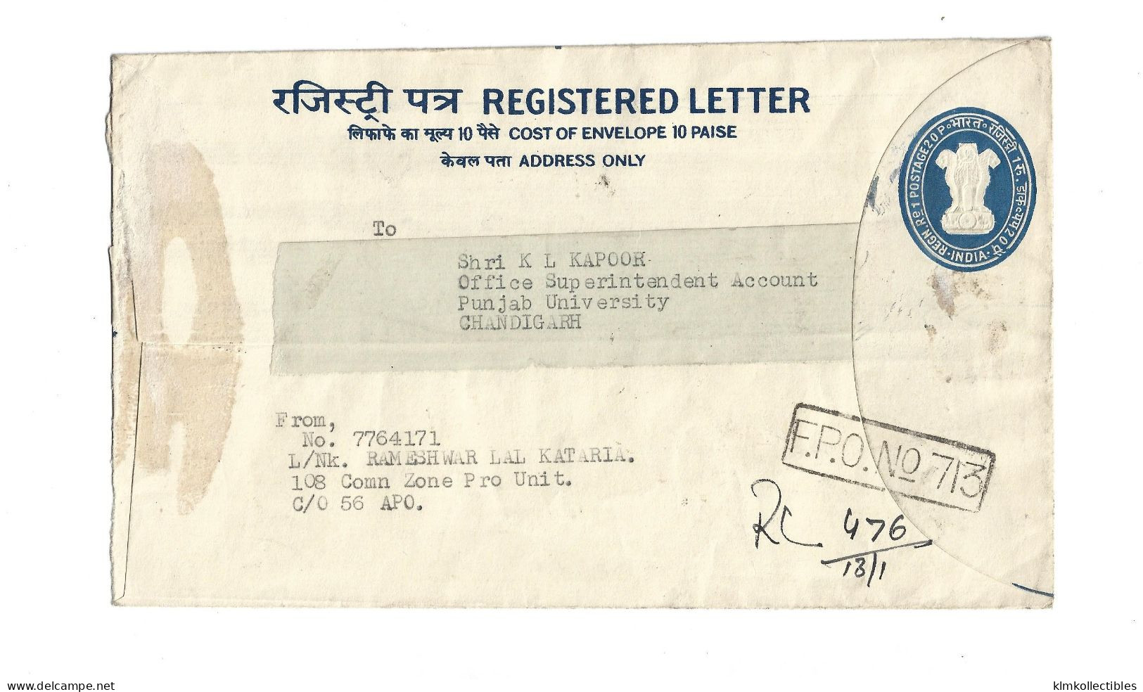 INDIA - REGISTERED LETTER FPO 713 - Covers & Documents