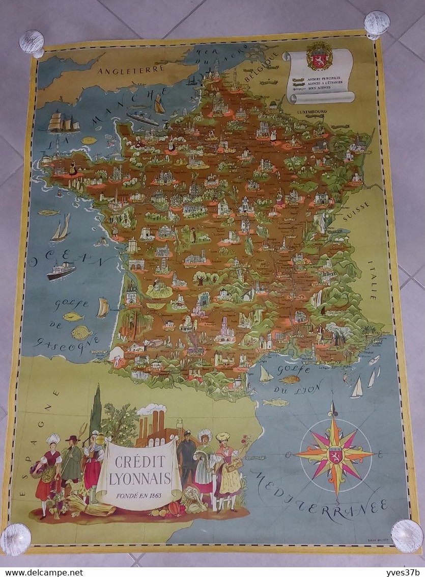 AFFICHE "CREDIT LYONNAIS" Carte De France Des AGENCES - 69x96 - TTB & Rare - Posters