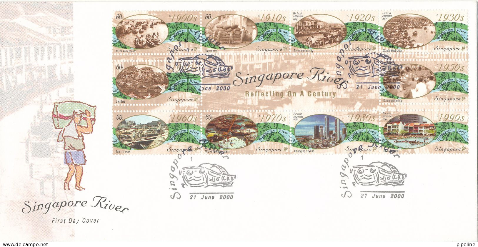 Singapore FDC 21-6-2000 The Singapore River Centenary Complete Set Of 10 In A Block With Cachet - Singapore (1959-...)