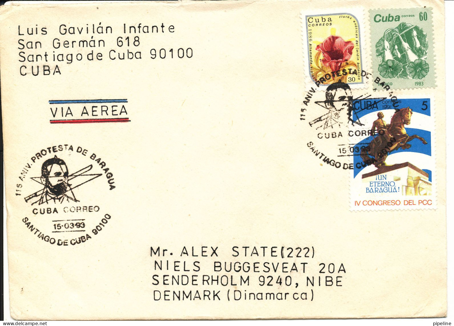 Cuba Cover Sent To Denmark Santiago De Cubas 15-3-1993 Special Postmark 150th Anniversary Baragua Protest - Lettres & Documents