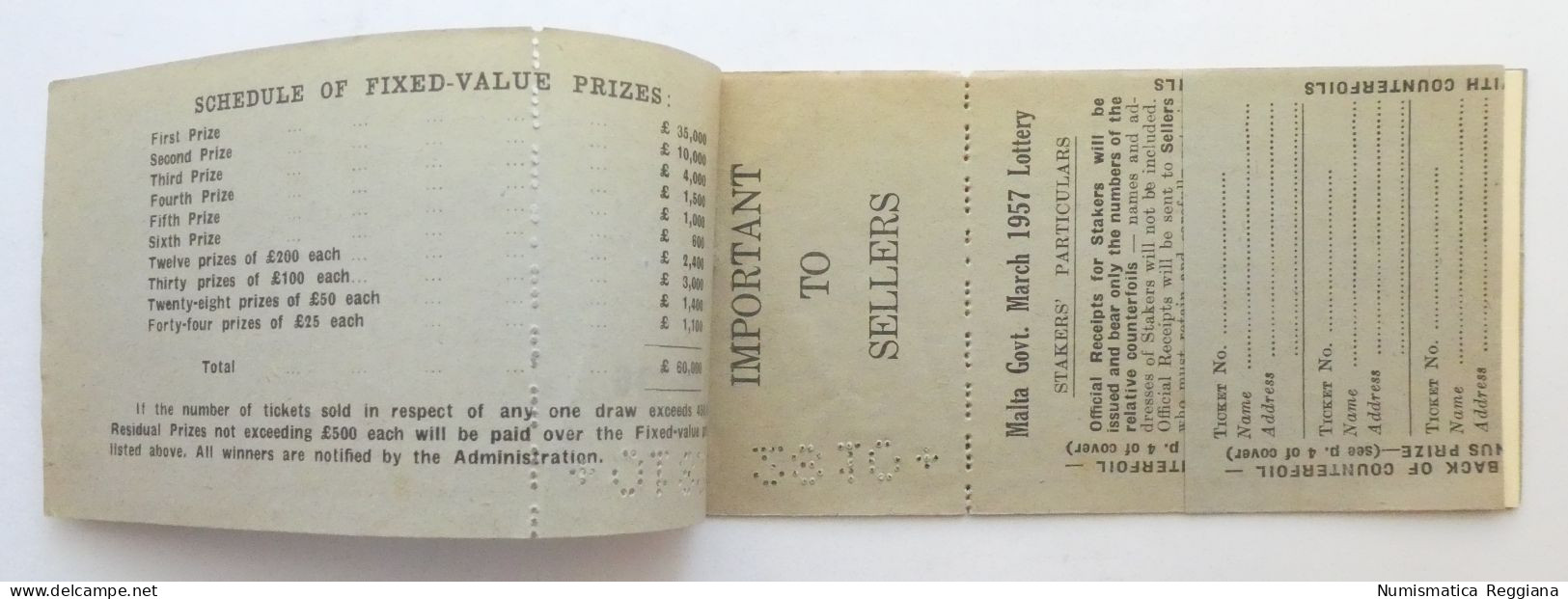 Malta Government Lottery Marzo 1957 - Libretto Completo - Billets De Loterie