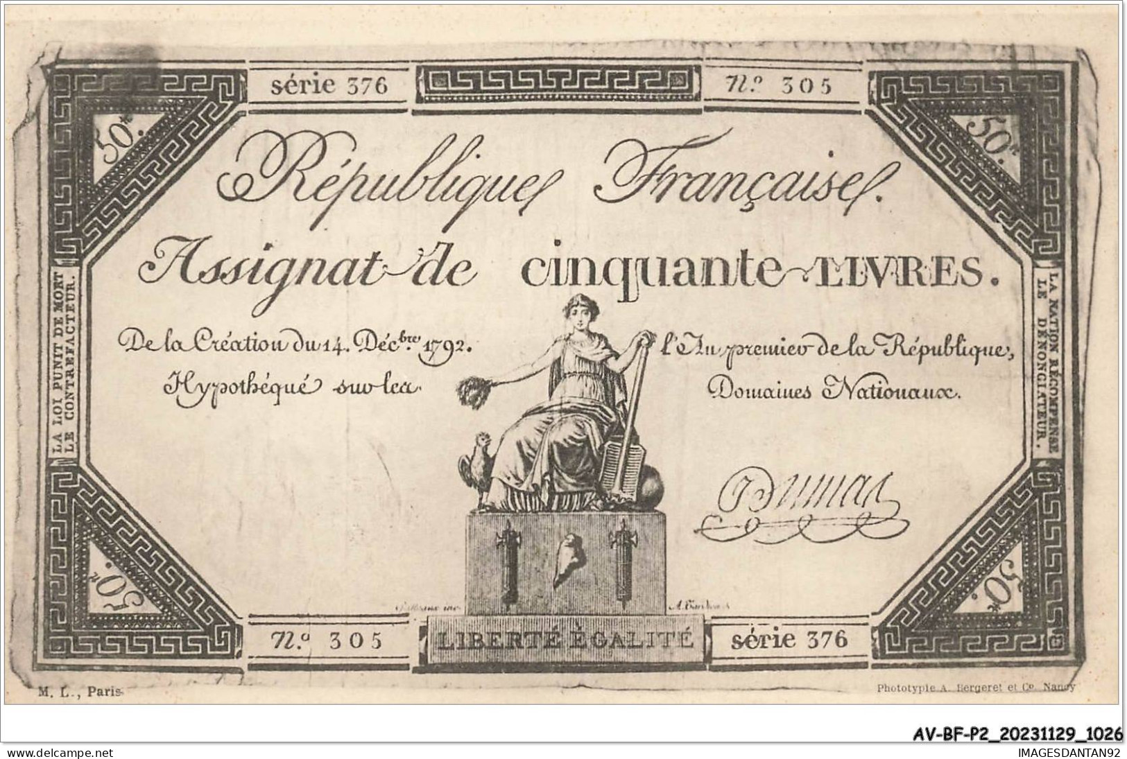 AV-BFP2-0700 - MONNAIE - Billet - République Française - Assignat De Cinquante Livres - Monnaies (représentations)