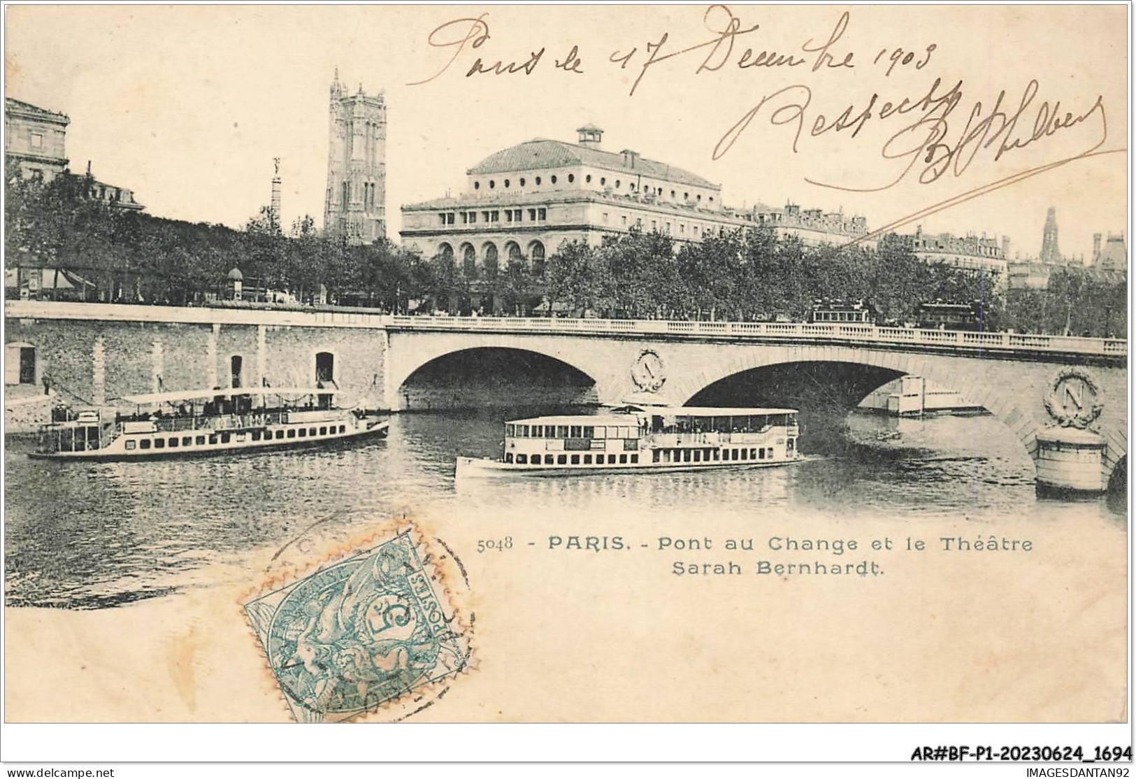 AR#BFP1-75-0848 - PARIS - Pont Au Change Et Le Théâtre De Sarah Bernhardt - Bateaux-mouches - París La Noche
