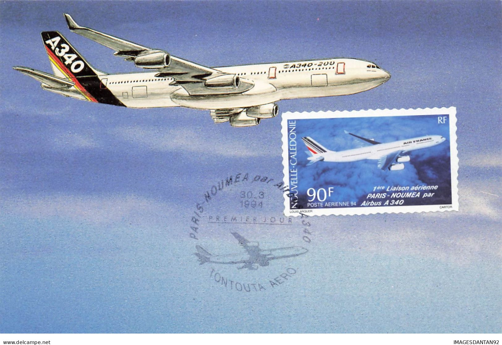 CARTE MAXIMUM #23577 NOUVELLE CALEDONIE NOUMEA 1994 1ERE LIAISON PARIS NOUMEA AIRBUS A340 TONTOUTA AERODROME AIR FRANCE - Maximum Cards