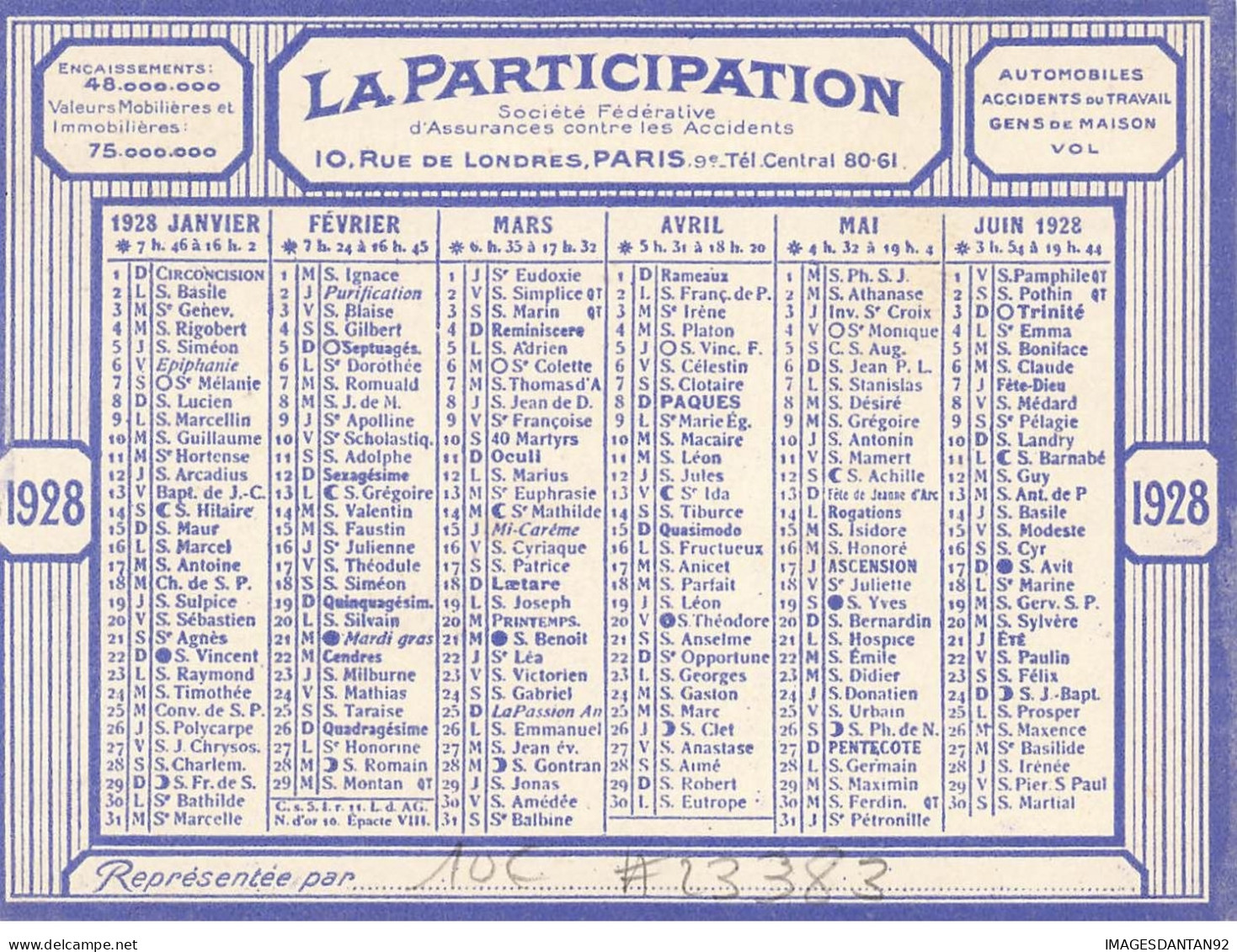 CALENDRIER 1928 #23383 LA PARTICIPATION COMPAGNIE D ASSURANCES CONTRE ACCIDENTS PARIS 75009 RUE DE LONDRES - Formato Piccolo : 1921-40