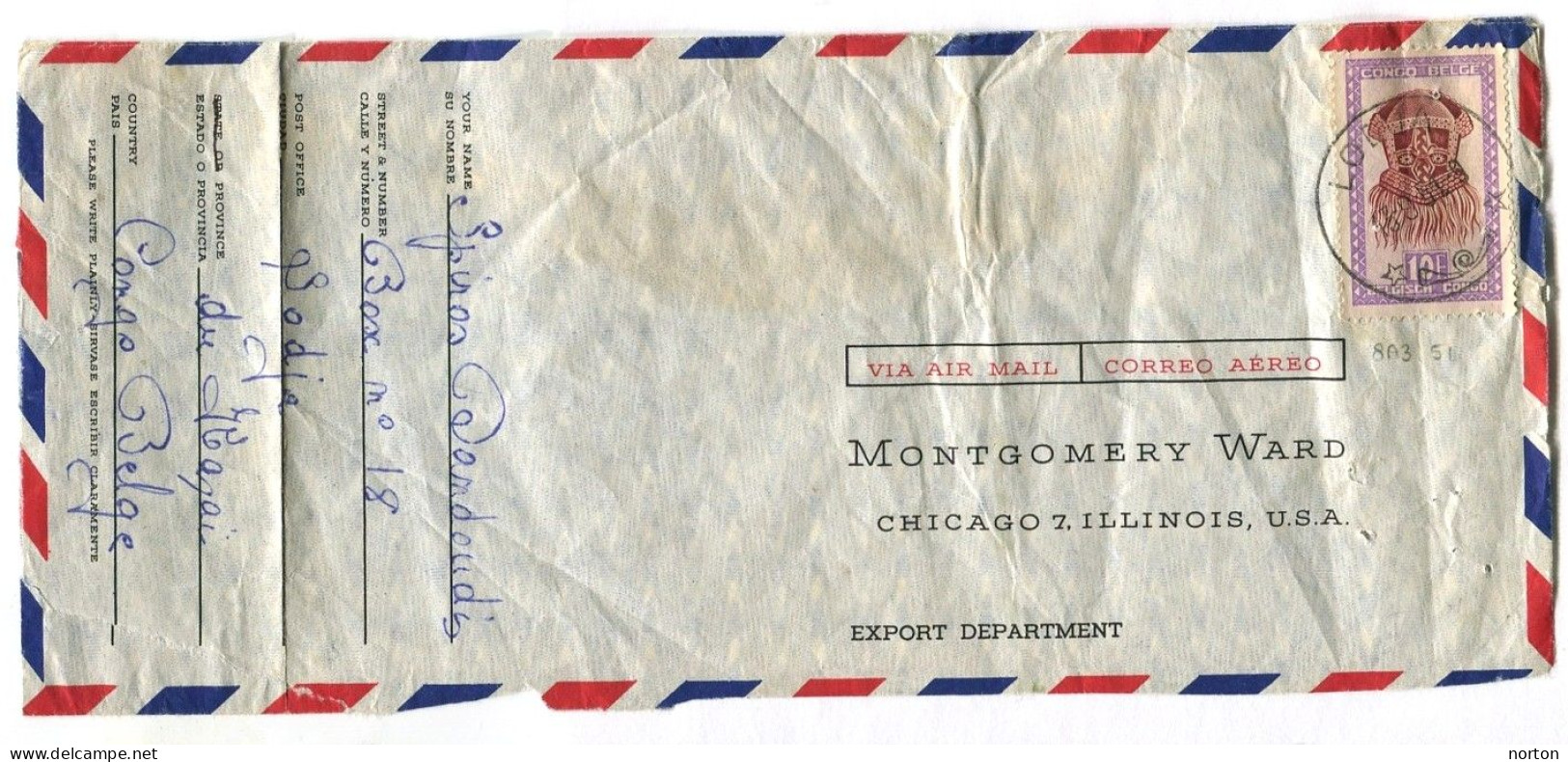 Congo Lodja Oblit. Keach 8A3 Sur C.O.B. 292 Sur Lettre Vers Chicago Le 13/08/1951 - Storia Postale