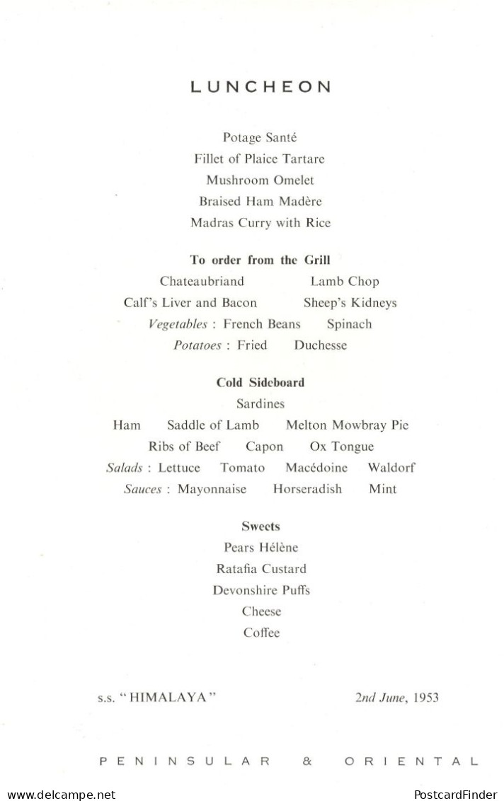 SS Himalaya P&O Cruise Ship Queen Elizabeth Coronation Menu - Menus