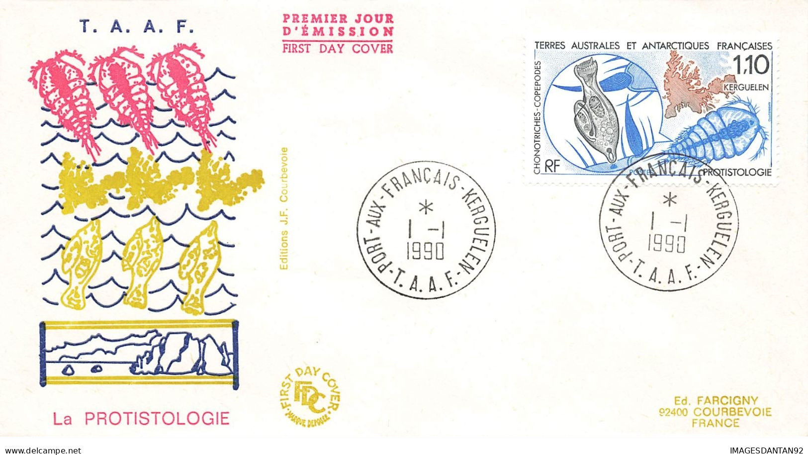 FDC T.A.A.F. #26175 PORT AUX FRANCAIS KERGUELEN 1990 PREMIER JOUR LA PROTISTOLOGIE - FDC