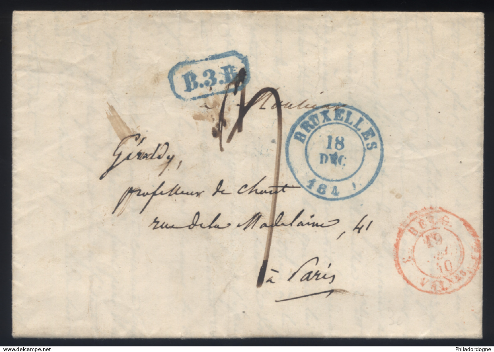 Belgique - LaC Bruxelles B.3.B. Bleu - Belg. Rouge - Taxe 9 Pour Paris 18/12/1840 - 1830-1849 (Belgica Independiente)