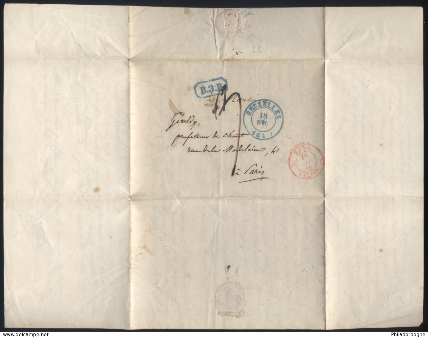 Belgique - LaC Bruxelles B.3.B. Bleu - Belg. Rouge - Taxe 9 Pour Paris 18/12/1840 - 1830-1849 (Belgique Indépendante)