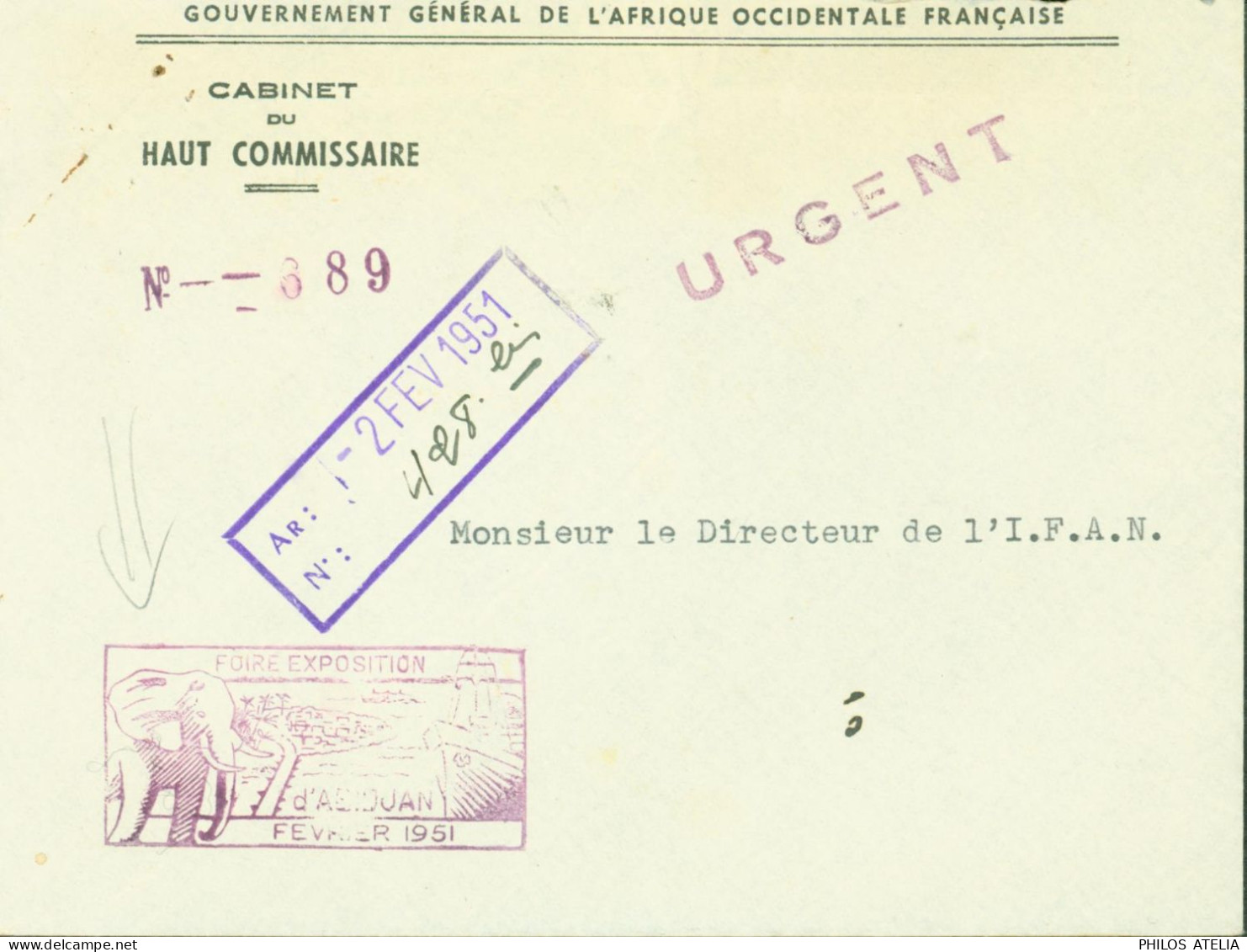 Gouvernement Général AOF Cabinet Haut Commissaire Urgent Flamme Illustrée éléphant Foire Exposition D'Abidjan 1951 - Lettres & Documents