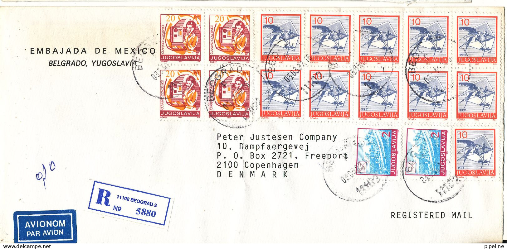 Yugoslavia Registered Cover Sent Air Mail To Denmark 3-3-1992 Topic Stamps (from The Embassy Of Mexico Belgrade) - Brieven En Documenten